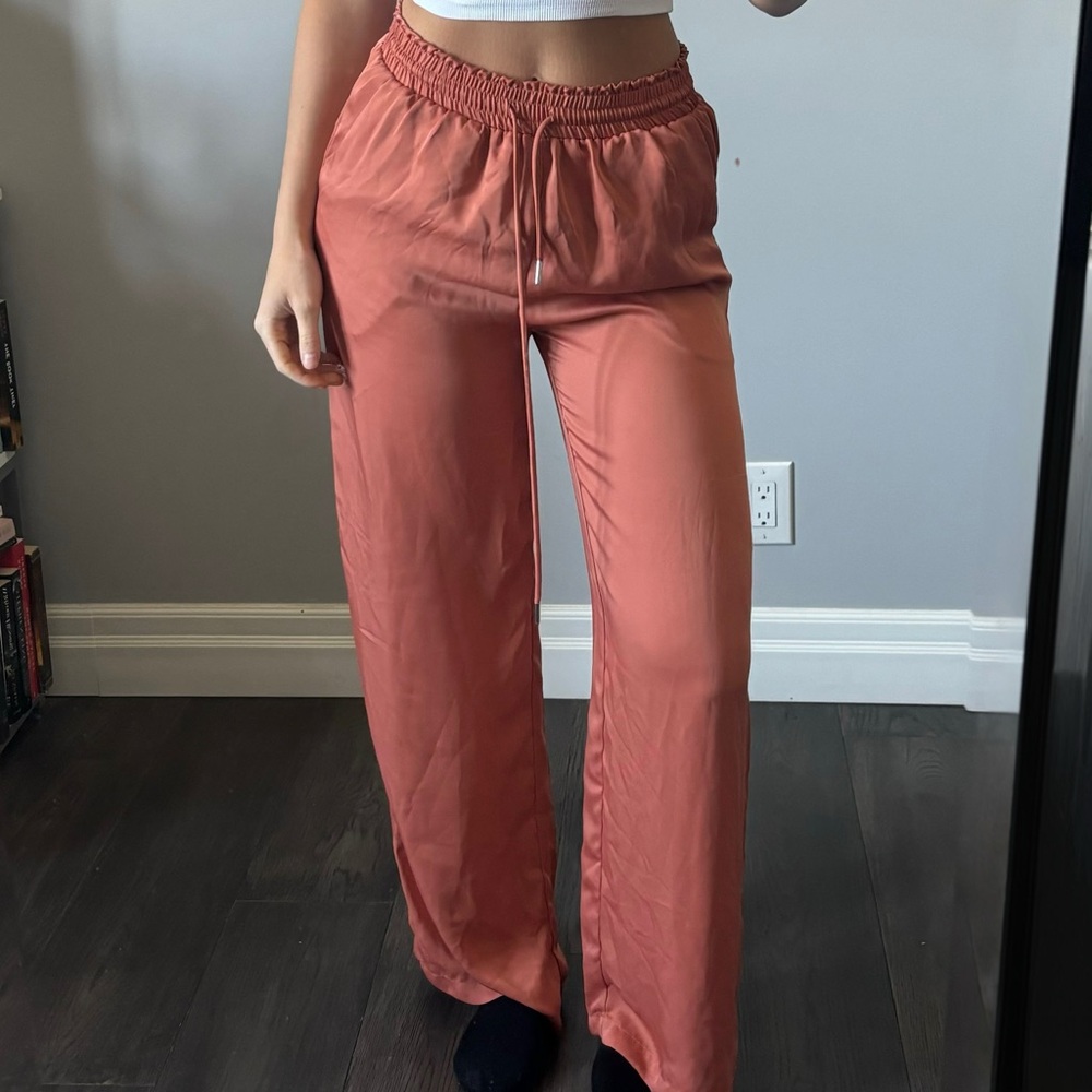 Déluc Terracotta Wide Leg Drawstring Satin Pants - Size XS